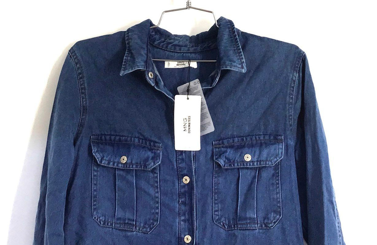 Mango Women's Peto Boat Blue Denim Romper Playsuit Long Sleeve NWT Sz M