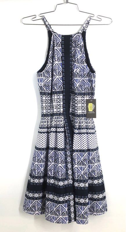 Vince Camuto Women's Navy White Geometric Racerback Fit and Flare Dress NWT Sz 0