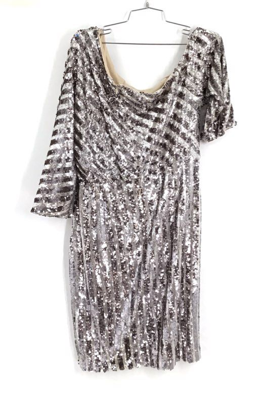 NWT Badgley Mischka Women&#39;s Silver One Shoulder Sequin Sheath Dress - Size 14