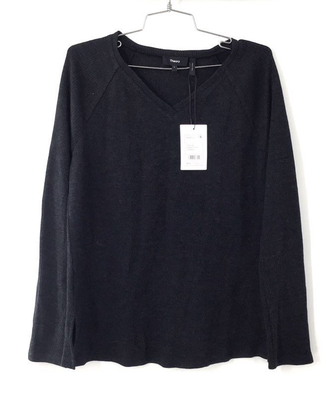 Theory Women's Ranzini V Rib Knit Sweater Charcoal NWT Sz L