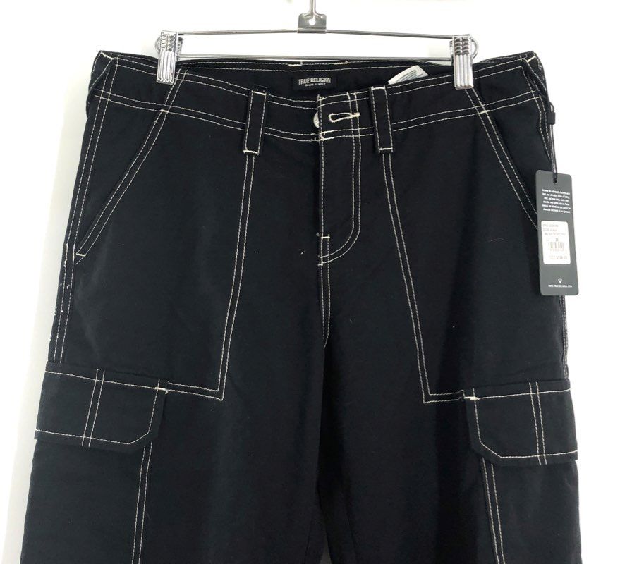 True Religion Men's Military SN Cargo Pants Jet Black Contrast Stitch NWT Sz 28