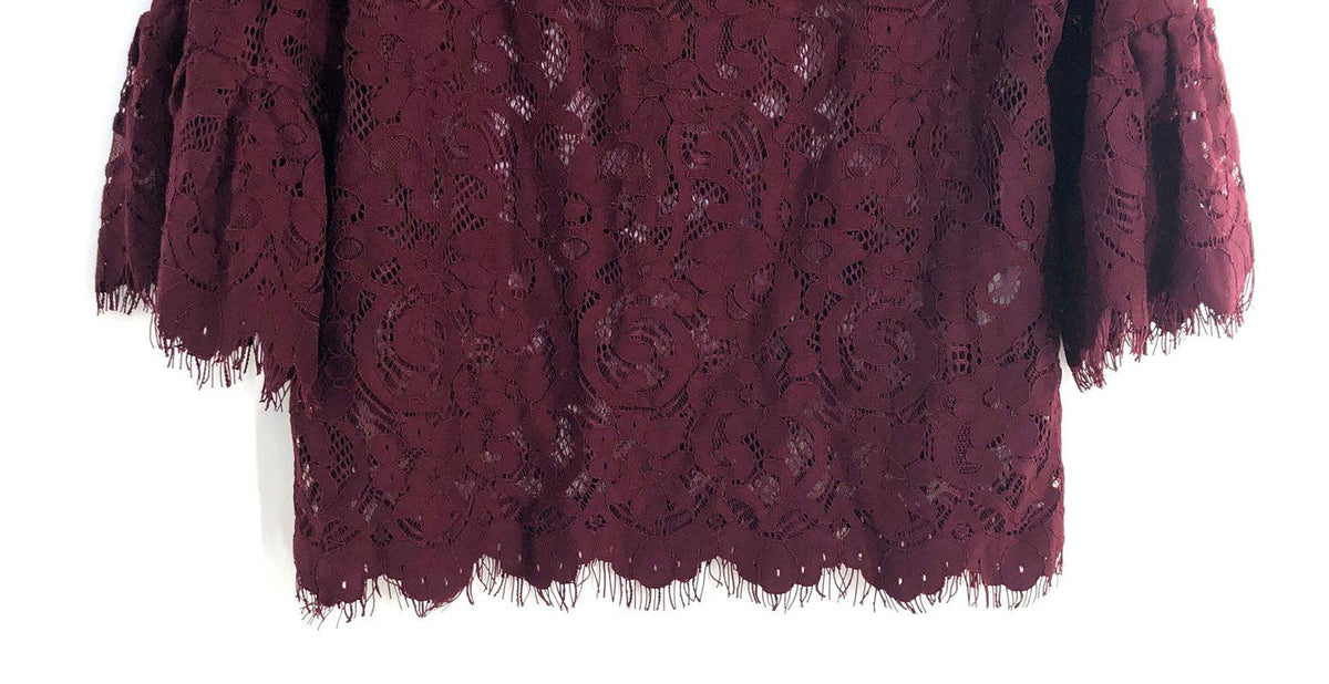 Karen Kane Women's Wine Floral Lace Bell Sleeve Blouse NWT Sz S