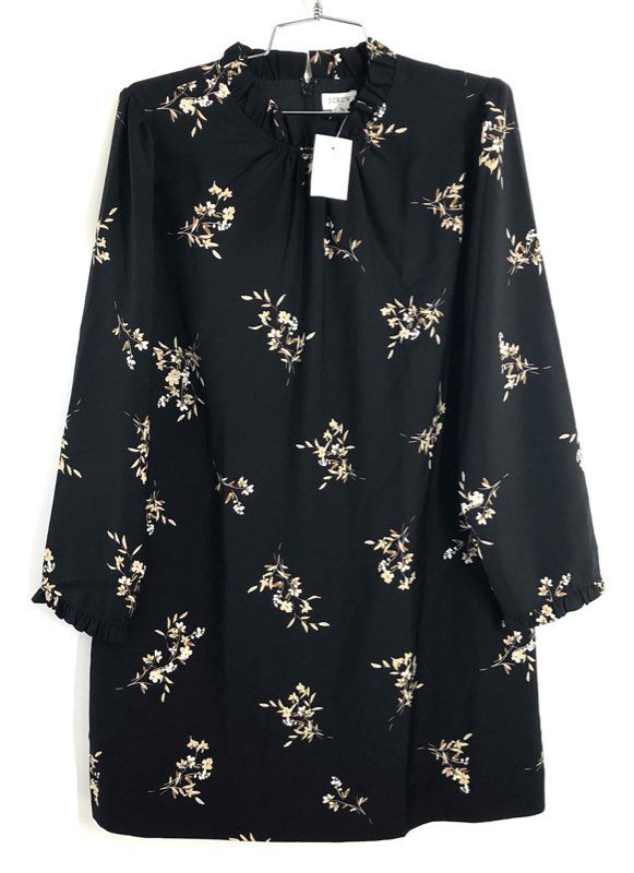 J.Crew Women's Black Floral Ruffle Neck Long Sleeve Dress NWT Sz 12P