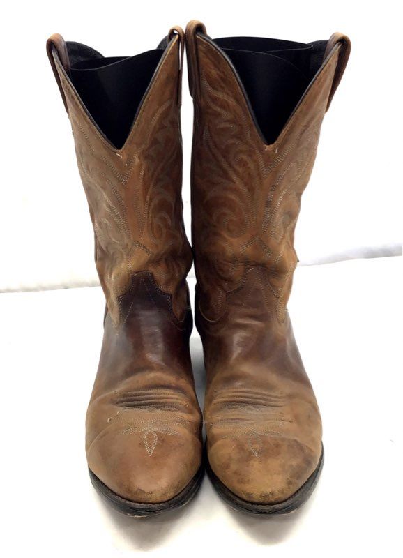 Vintage Tan Leather Western Cowboy Boots Pointed Toe Stitching Size 12 D