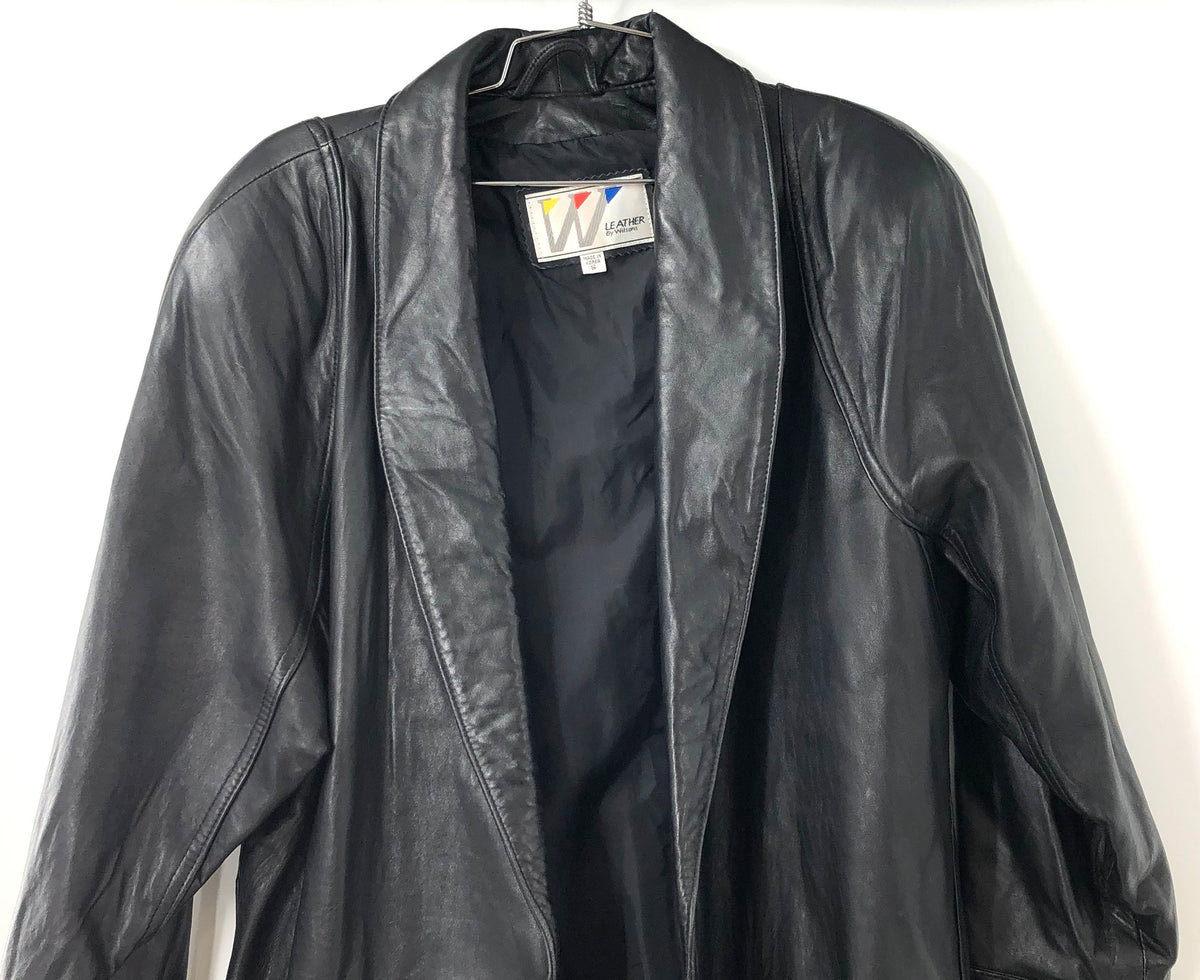 Vintage 80s Wilsons Leather Womens Black Shawl Collar Open Front Jacket Sz S