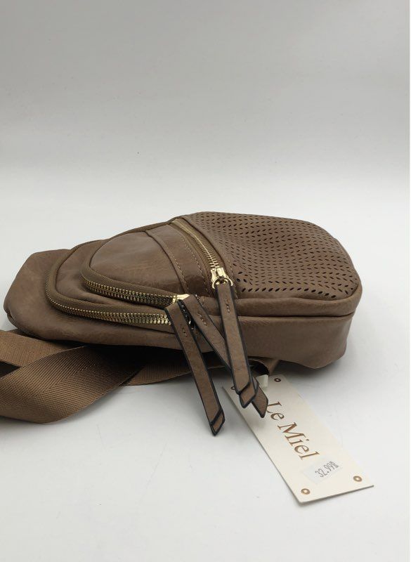 Le Miel Taupe Faux Leather Perforated Sling Crossbody Bag NWT Gold Hardware