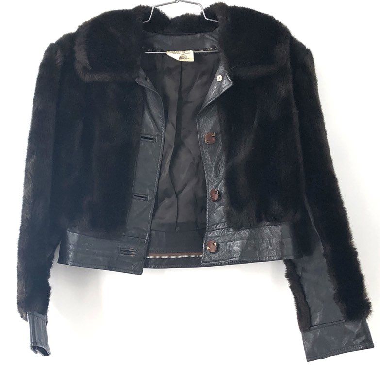 Vintage 70s Israeli Women's Faux Fur & Leather Cropped Moto Jacket Brown Sz L