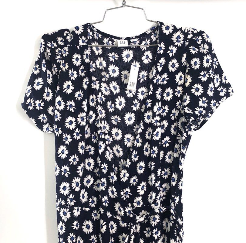 Gap Women's Navy Blue Daisy Floral Short Sleeve Wrap Midi Dress NWT Sz S