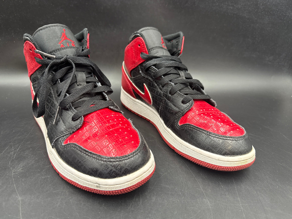 Nike Air Jordan 1 Mid Bred Text Black Red Youth Basketball Size 6.5Y COA