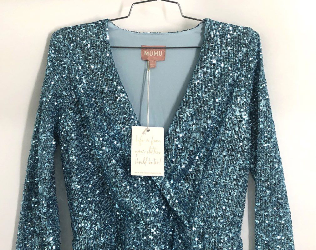 Show Me Your Mumu Party Hop Blue Sequin Long Sleeve Mini Dress Sz S NWT
