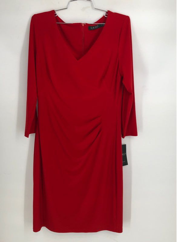 Lauren Ralph Lauren Women's Orient Red Ruched Side V-Neck Dress NWT Sz 8