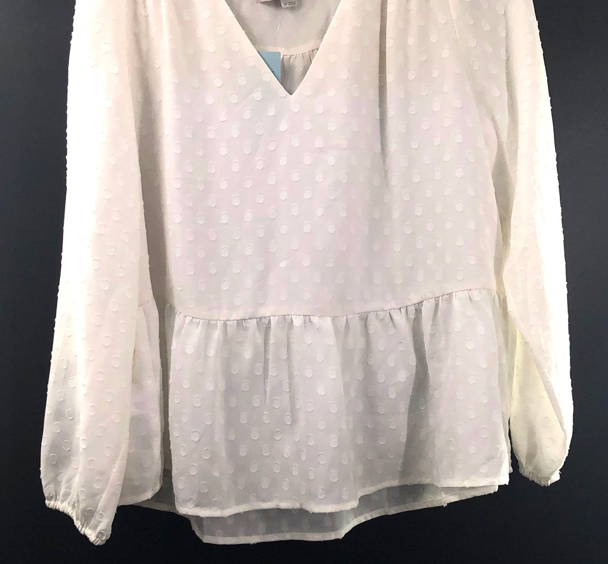 LOFT Women's White Swiss Dot V-Neck Peplum Blouse Long Sleeve Sz SP NWT