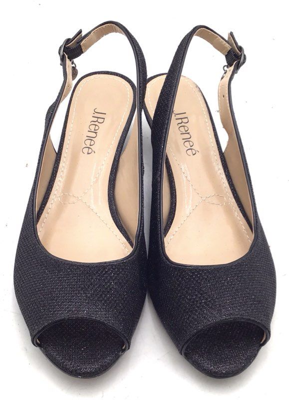 J.Renee Jenvey Black Glitter Peep Toe Slingback Kitten Heel Pumps Size 8.5