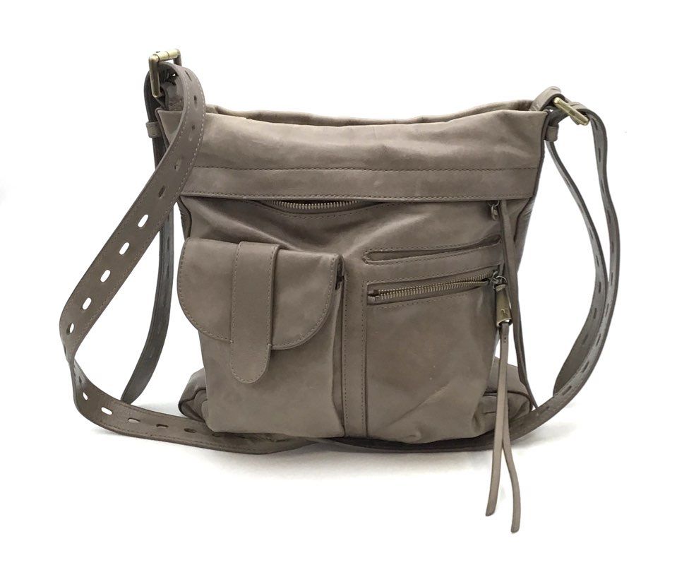 Hobo Taupe Gray Leather Slouchy Crossbody Shoulder Bag Brass Hardware