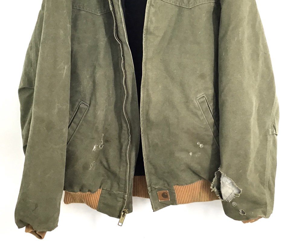 Carhartt Men's Santa Fe Jacket Loden Green Quilt Lined Canvas Distressed Sz LT