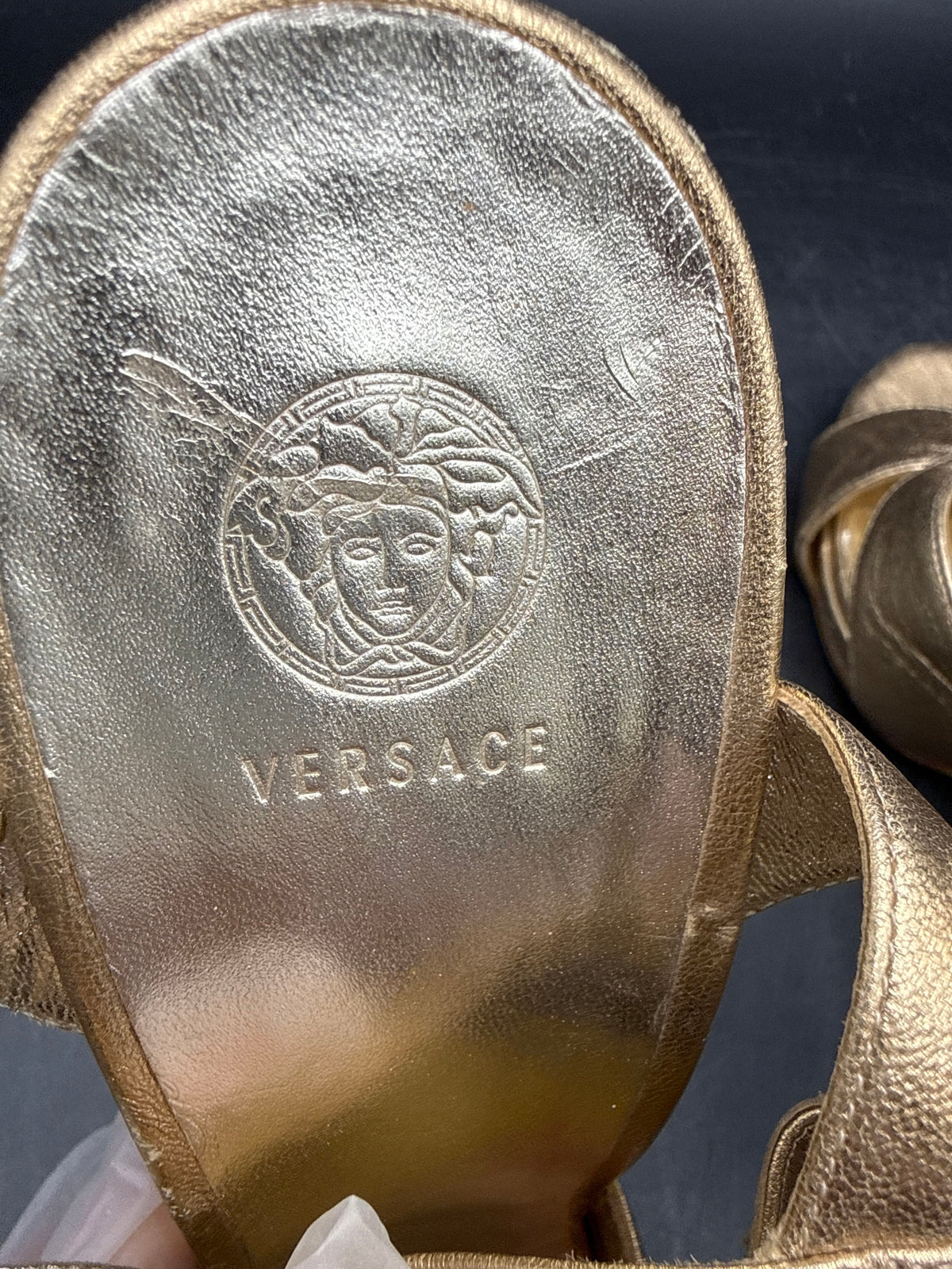 Versace Gold Leather Strappy Platform High Heel Sandals COA Size 38
