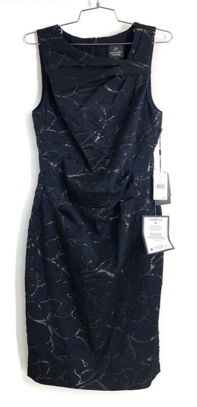 Adrianna Papell Women's Navy Gold Metallic Jacquard Sheath Dress Sz 6 NWT