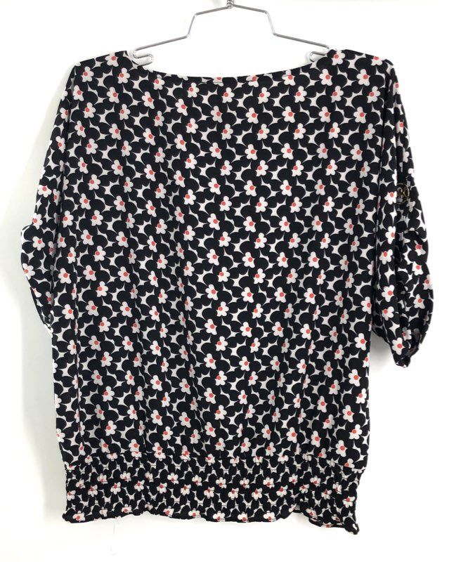 Michael Kors Women's Sangria Floral Smocked Blouse Black White Sz M NWT