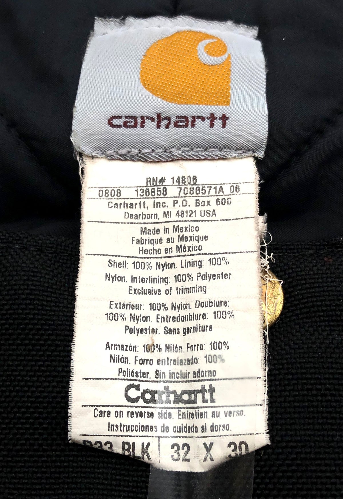 Carhartt Men's Black Arctic Quilt Lined Nylon Bib Overalls R22 Sz 32x30