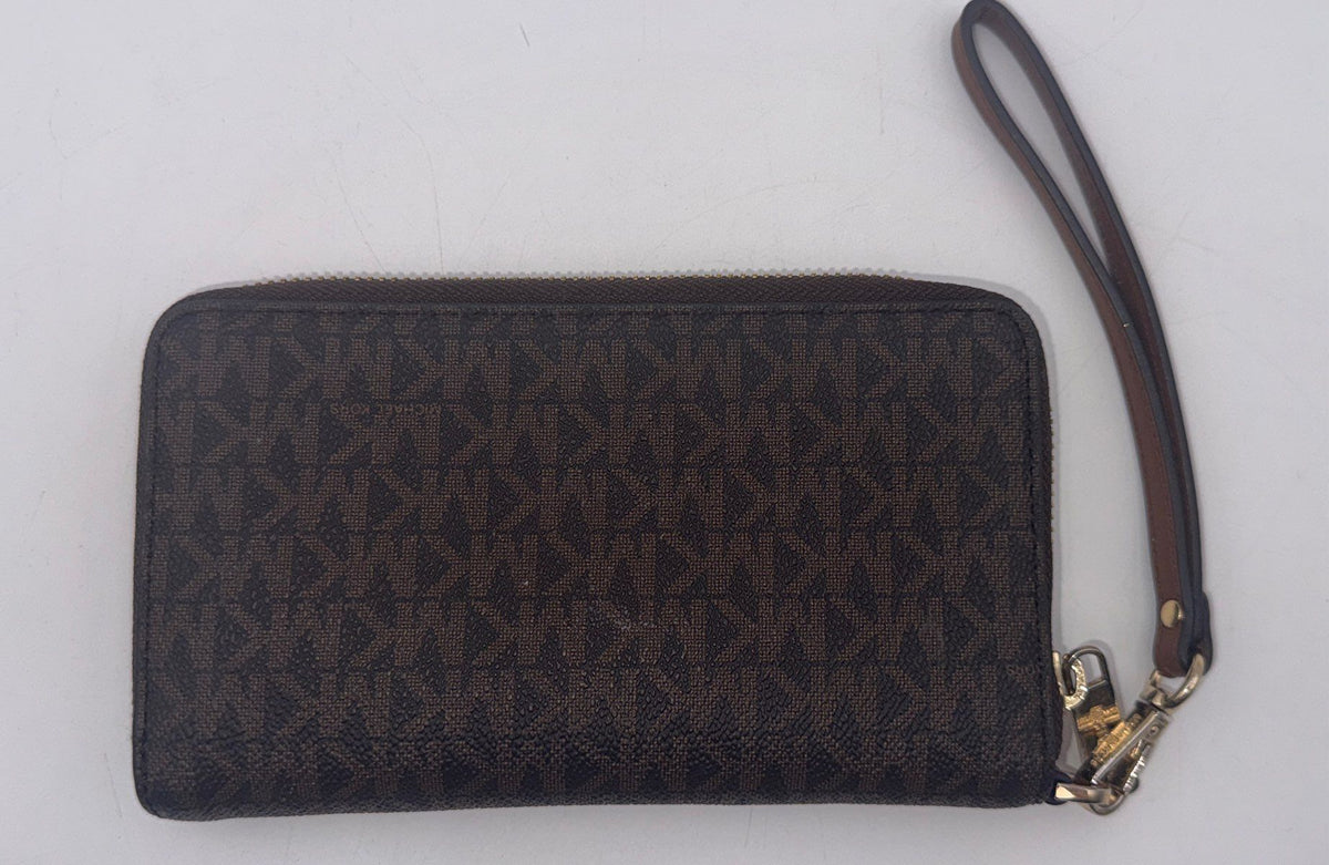 Michael Kors Brown Monogram Jet Set Travel Continental Zip Around Wristlet