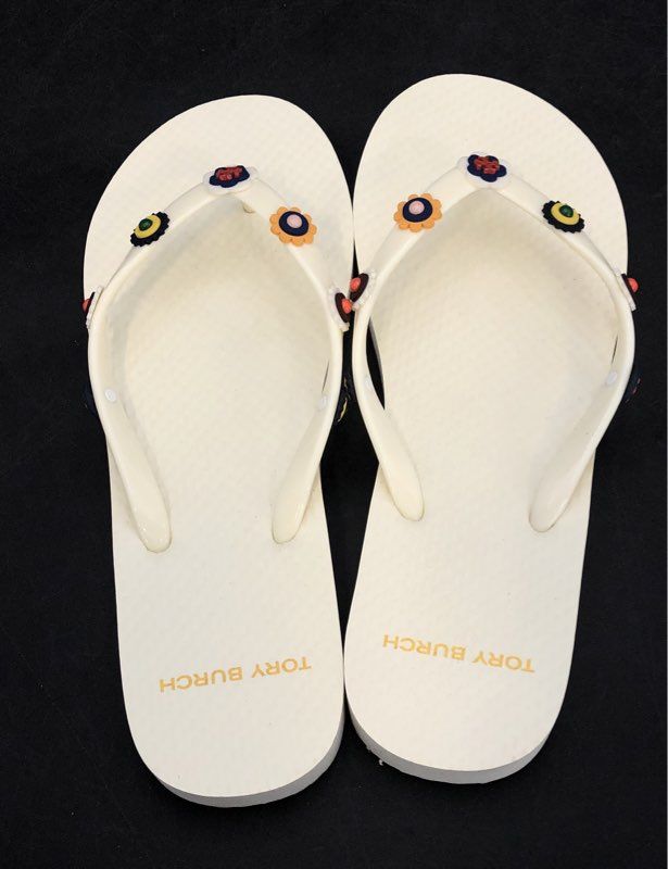Tory Burch Floral Daisy Charm Ivory Multi Thong Sandals Flip Flops Size 7M