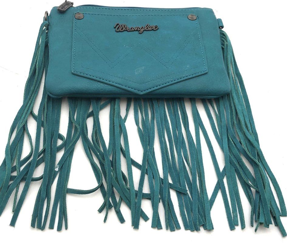 Wrangler Teal Tooled Floral Fringe Crossbody Wallet Bag Turquoise Western Boho