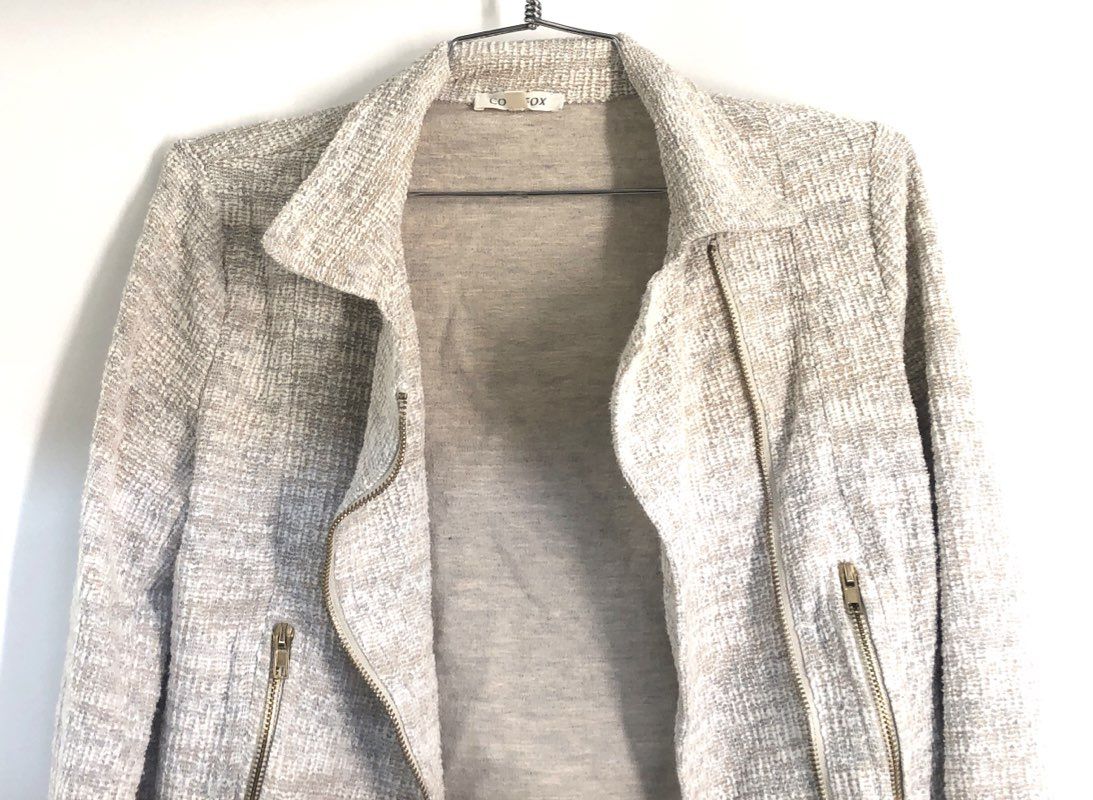 Cozy Fox Women's Asymmetrical Zip Moto Jacket Cream Textured Tweed Sz S