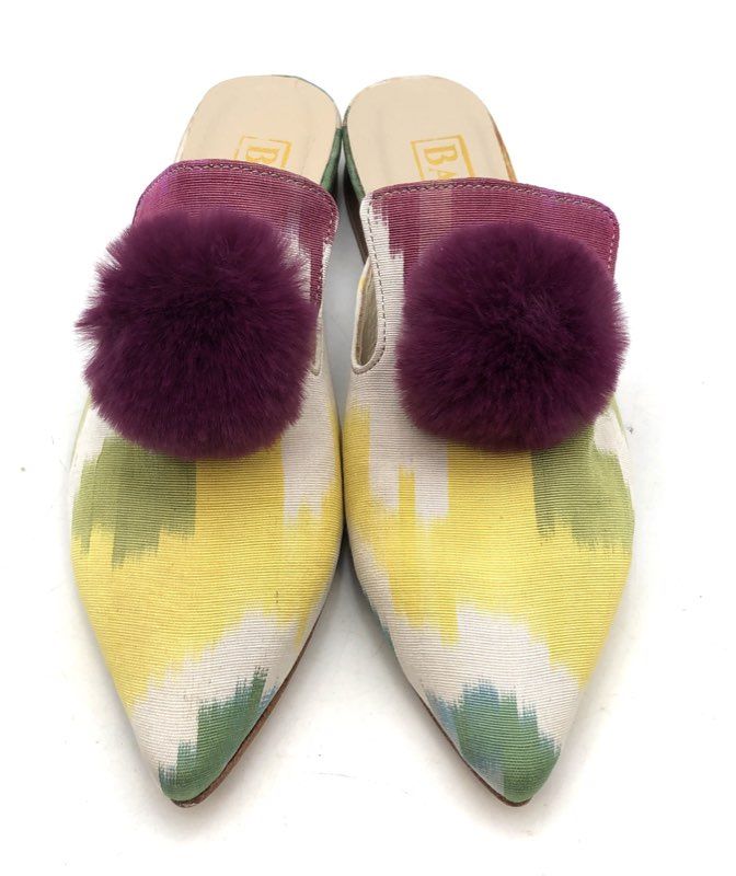 Baldiz Amelia Slide Multicolor Ikat Plum Pom Pom Silk Mules Flats Size EU 36
