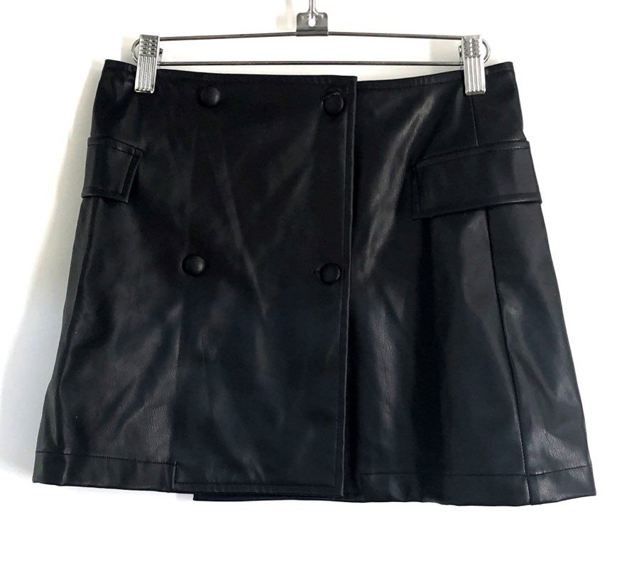 Cider Women's Black Faux Leather Double Breasted Mini Skirt Sz S NWT