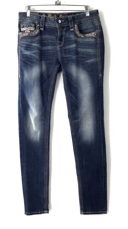Rock Revival Women's Blue Skinny Jeans Embellished Fleur De Lis Pockets Size 27