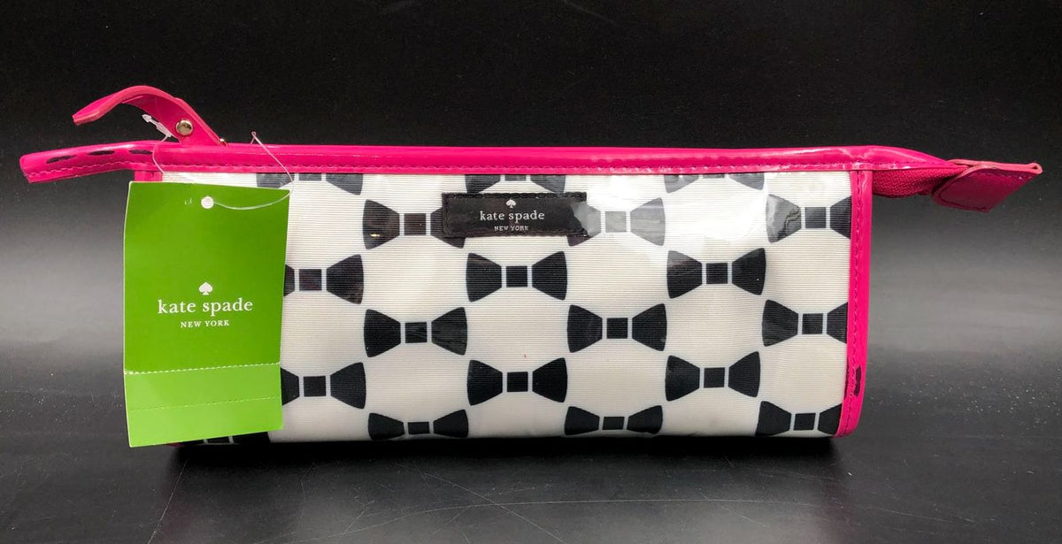 Kate Spade Heddy White/Black Bow Print Cosmetics Pouch w/ Pink Trim & Tag (+COA)