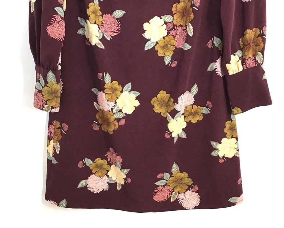 LOFT Women's Burgundy Floral Long Sleeve Shift Dress Round Neck Sz 6T