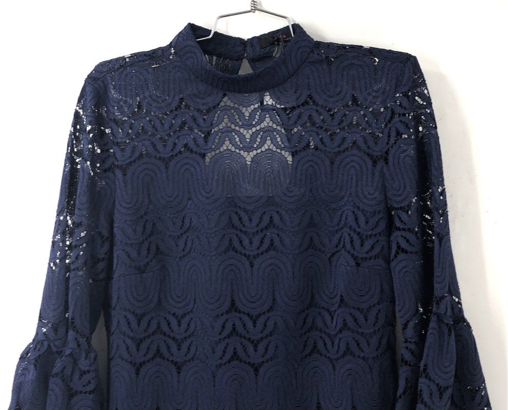 Trina Turk NWT Women's Plume Dress Navy Blue Lace Mock Neck Bell Sleeve Sz 8