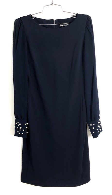Karl Lagerfeld Paris Women's Navy Pearl Cuff Long Sleeve Sheath Dress Sz 2 NWT
