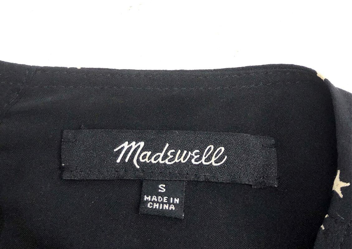 Madewell Women's Black Silk Star Print Long Sleeve V-Neck Mini Dress Size S
