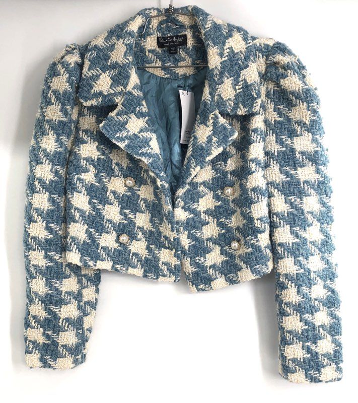Miss Selfridge Women's Blue Houndstooth Cropped Pearl Button Jacket Sz 10 NWT