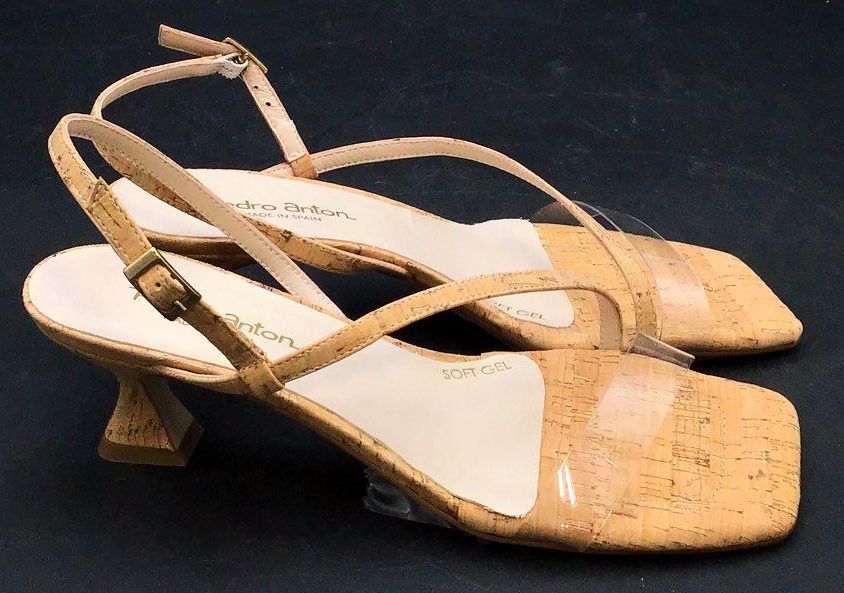 NIB Pedro Anton Women's Tan Cork Embossed Leather Slingback Heels - Size 40