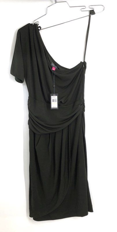 Vince Camuto Women's One Shoulder Draped Ruched Dark Olive Green Dress Sz 2 NWT