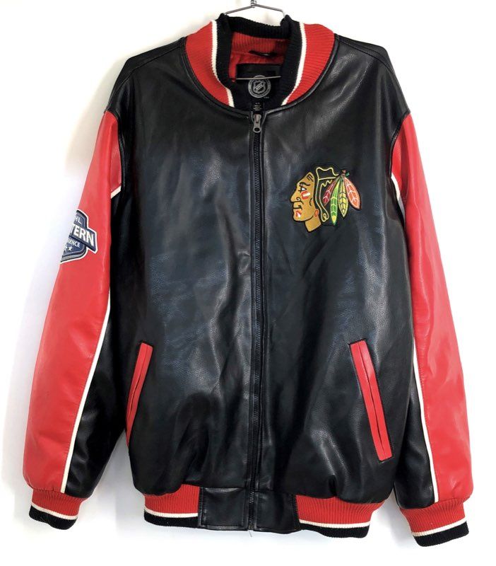 NHL Chicago Blackhawks Men's Faux Leather Western Conference Patch Jacket Sz L