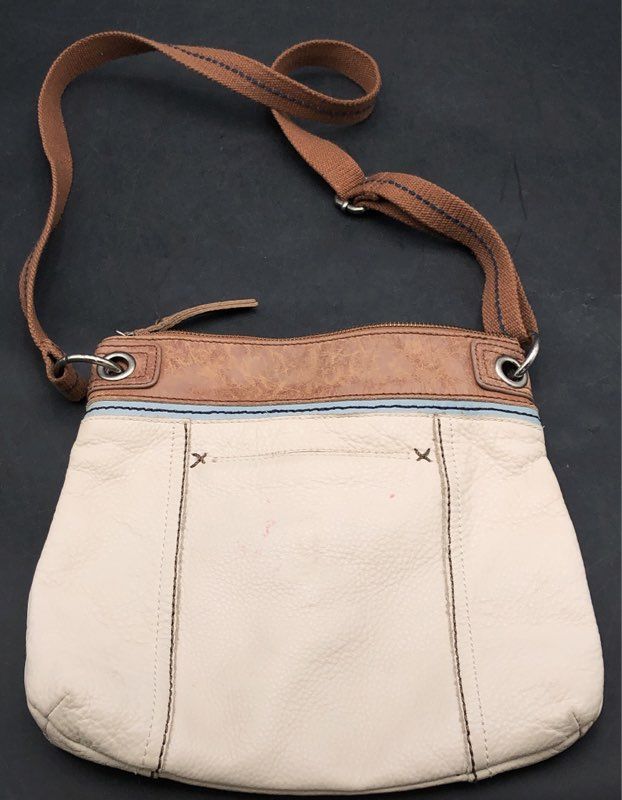 The Sak Cream Pebbled Leather Crossbody Bag Brown Trim Adjustable Canvas Strap