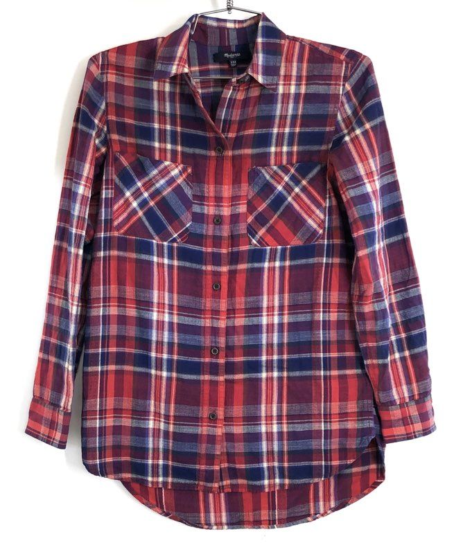 Madewell Women's Red Blue Purple Plaid Flannel Button Down Shirt Sz XXS