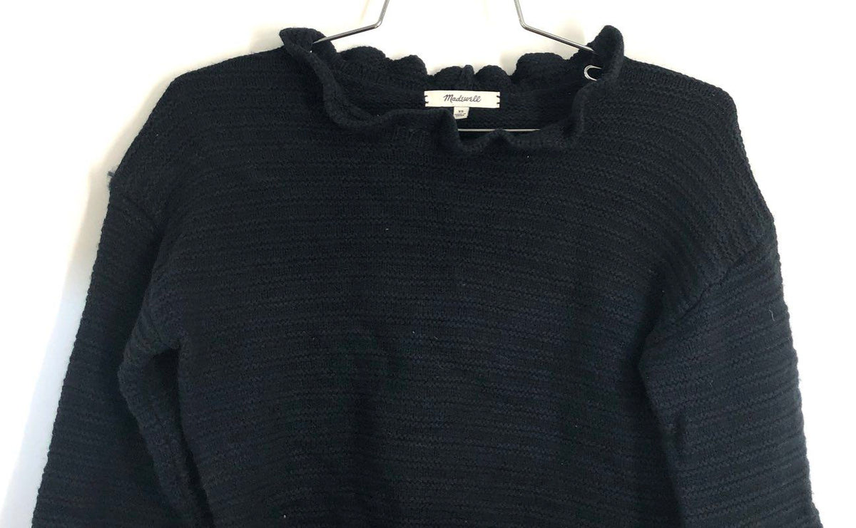 Madewell Women's Black Ruffle Neck Merino Wool Blend Textured Sweater Size XS