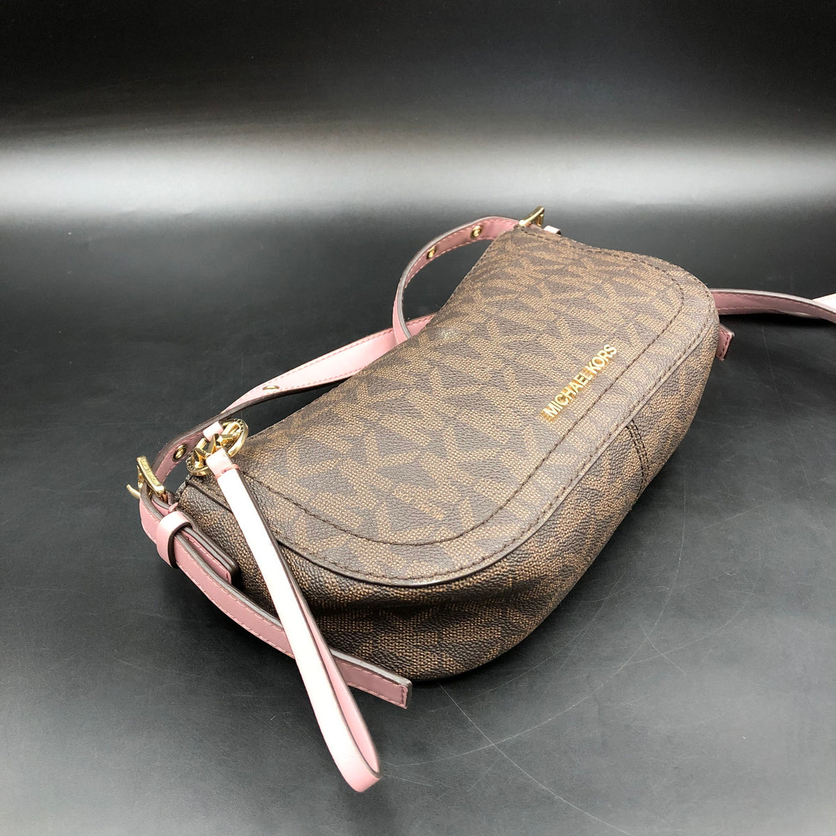 Michael Kors Brown Pink Jet Set Crescent Crossbody Bag Gold Hardware COA