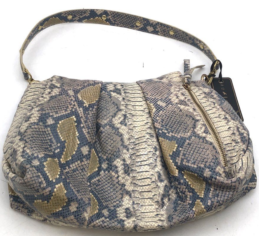 Sharif Legacy Blue Grey Snakeskin Print Hobo Shoulder Bag Gold Lock NWT