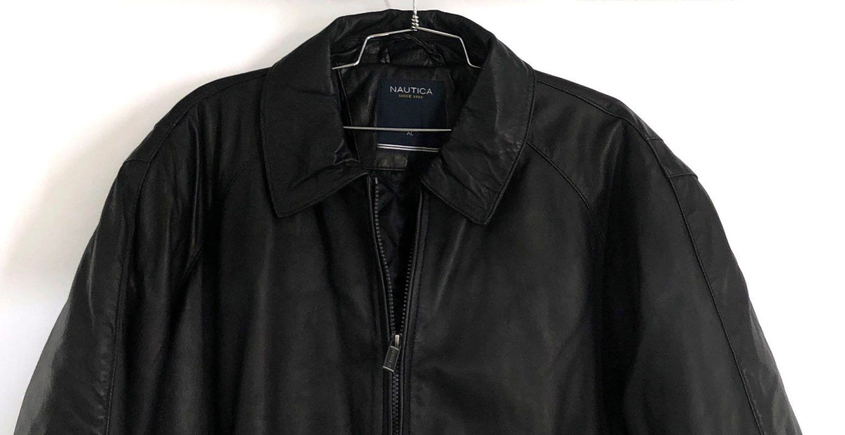 Nautica Men's Black Genuine Leather Full Zip Bomber Jacket Sz XL