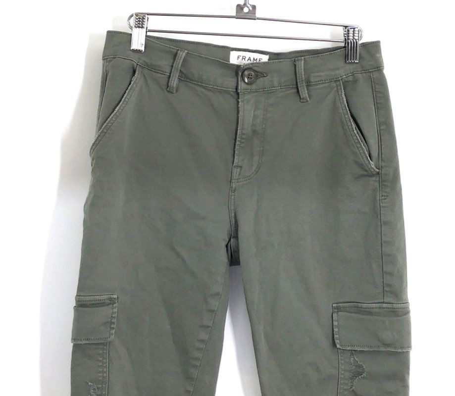 Frame Women's Platoon Skinny Cargo Pants Olive Ankle Zip Distressed Sz 28