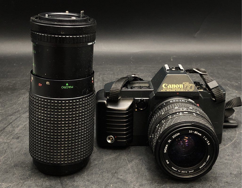Vintage Canon T70 35mm SLR Camera + 2 Lenses Lot Canon FD Mount