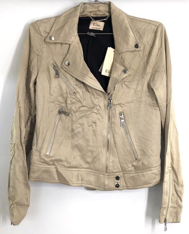 Elie Tahari Women's Beige Ribbed Viscose Asymmetrical Zip Moto Jacket Size M NWT