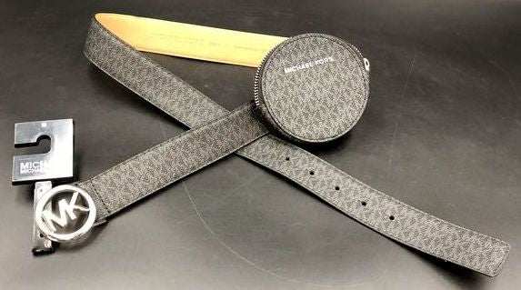 NWT Michael Kors Women's Black Signature Print Belt w/ Zip Pouch - Size M (+COA)