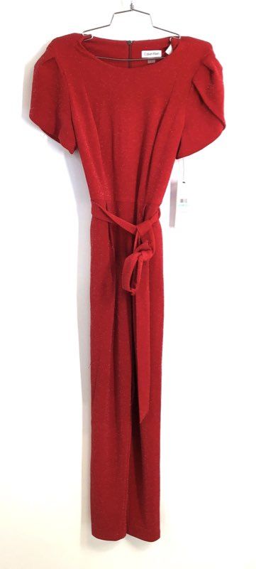 Calvin Klein Women's Red Sparkle Short Sleeve Tie Waist Jumpsuit Sz 8 NWT